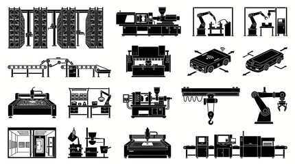 Obraz premium Manufacturing Technology Industrial Automation Icons Set. Black and White Flat Glyphs Collection.