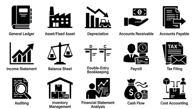 Accounting and Finance Glyph Icons Set for Business Management and Bookkeeping. Modern Solid Symbols Collection.