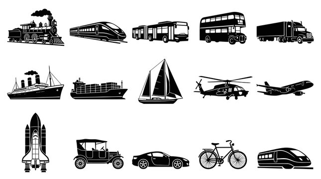 Transportation Modes Silhouette Icons Set: Black  White Travel, Logistics  Vehicle Glyphs