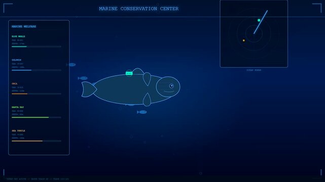 Animal welfare innovation appears on a digital screen displaying tracking systems for marine life with glowing blue charts and nautical radar maps in motion