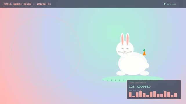 Animal welfare innovation displays a cartoon white rabbit sitting on a lush green patch against a soft gradient pastel backdrop with digital data visualization bars included