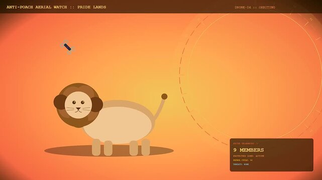 Animal welfare innovation featuring a tracking device moving on a digital lion character against a warm sunset gradient screen in a simulated wildlife tracking system environment
