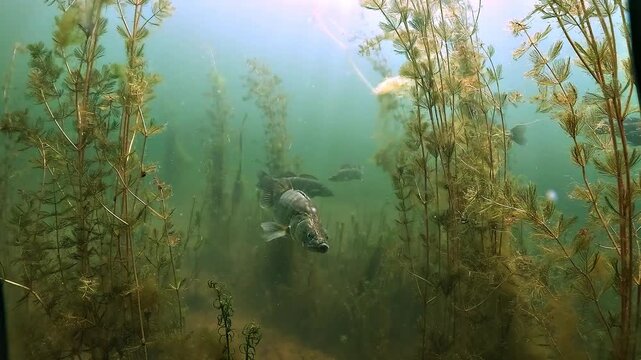 Slow motion front approach to a large pike perch, zander - Sander lucioperca - holding position between aquatic plants before swimming away and revealing its silver coloration.