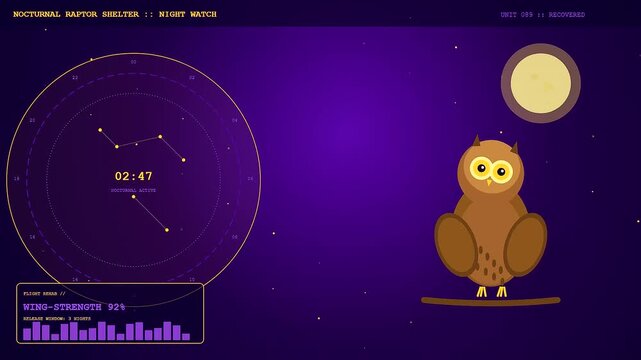 Animal welfare innovation appears in this digital interface display showing a cartoon owl shifting its position while monitoring flight recovery progress during the dark night