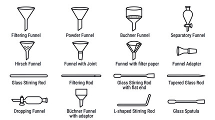 Professional laboratory funnel and stirring tool icon set. © Alip