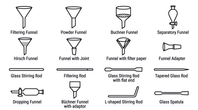 Professional laboratory funnel and stirring tool icon set.