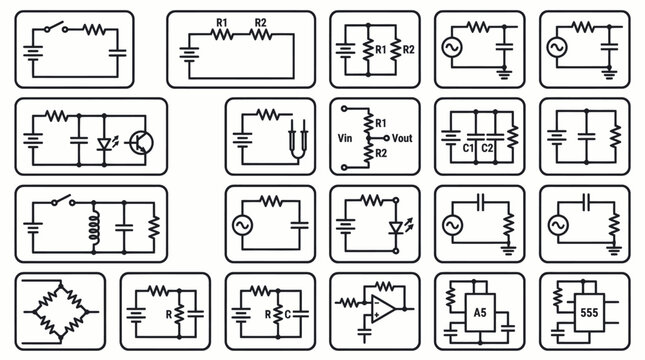 Schematic electrical circuit diagram and electronics component icons.