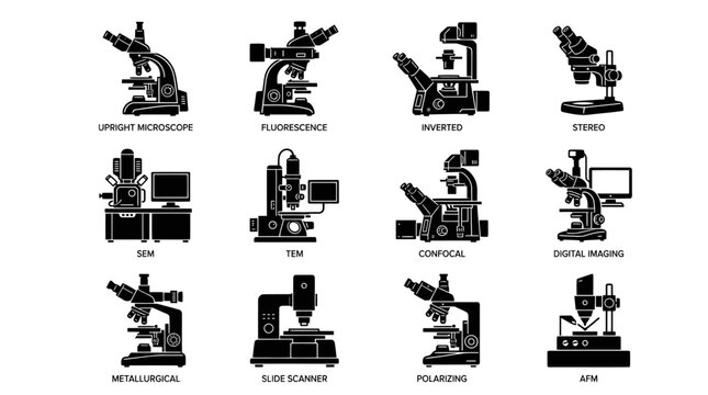Scientific microscope type icons for laboratory research.