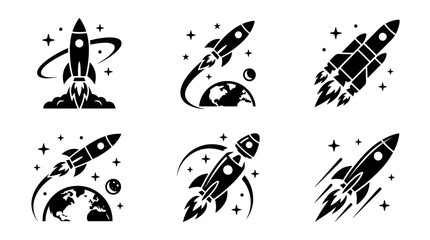 Space rocket launch and orbiting spacecraft silhouette icons. © Alip