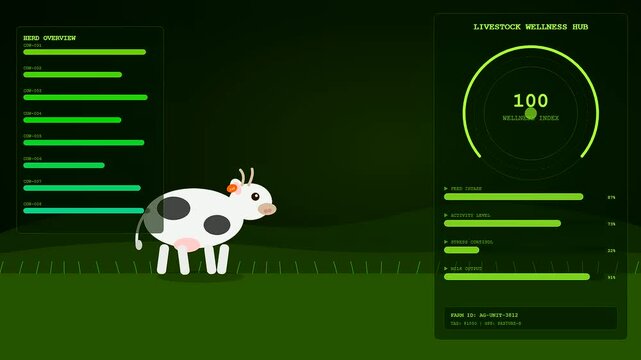 Digital animal welfare innovation visualizes biological data patterns through glowing neon interfaces while cattle move across dark green terrain in a conceptual farm monitoring simulation