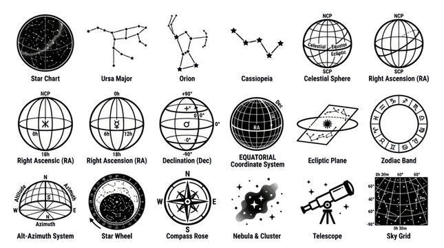 Star charts and space navigation black line icons.
