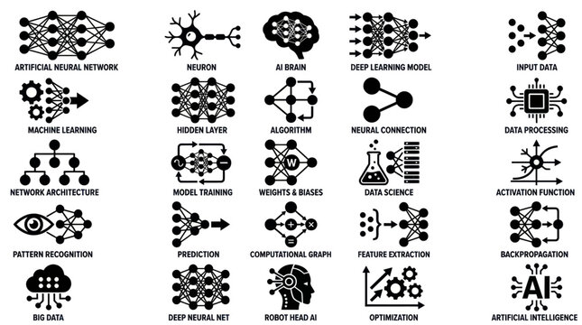Technical deep learning and big data processing icon set.