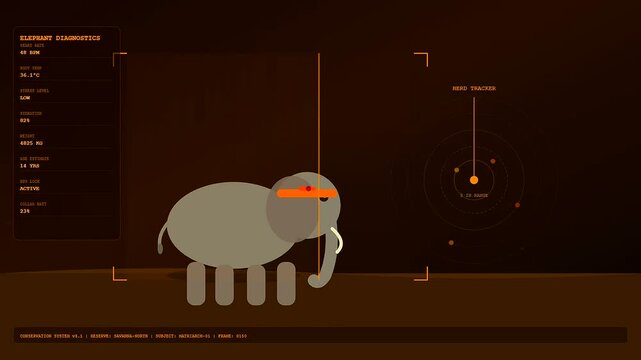 Digital animal welfare innovation visualizes biological monitoring of a savanna mammal using biometric sensor tracking systems displayed on a dark virtual interface for research and observation