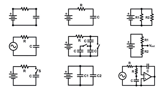 Technical electrical circuit schematics and power supply icons.