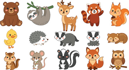 Obraz premium Cute woodland forest animal cartoon character collection with bear, deer, fox, squirrel, owl and adorable wild creatures