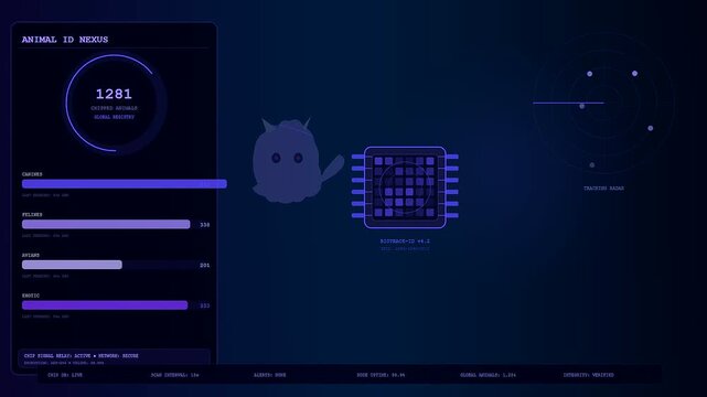 Monitoring systems for animal welfare innovation feature digital trackers and holographic data points displayed on a glowing dark blue screen to track biological population metrics