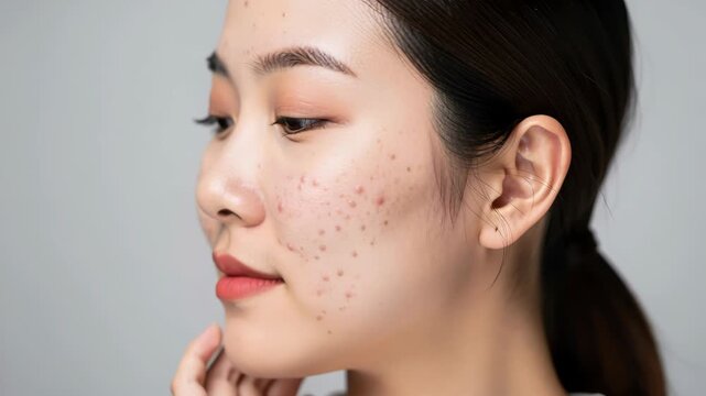 Close-up of a young woman's face with acne, showcasing skin texture and imperfections. The image focuses on the challenge of skin condition and the personal aspect of dealing with it.