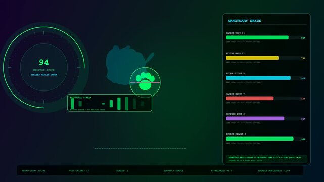 Digital displays showing animal welfare innovation progress as health data metrics climb across panels reflecting dynamic interface software tracking biology monitoring in a dark virtual environment