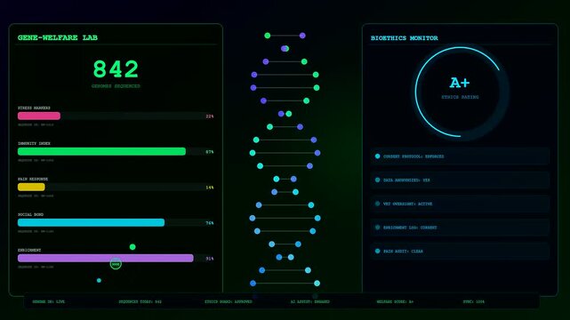Animal welfare innovation appears on a glowing digital interface displaying genetic sequencing data progress bars and circular graphical metrics within a dark atmospheric laboratory display screen