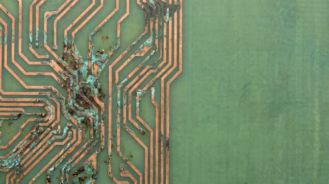 Close-up of a damaged circuit board with corroded copper traces, symbolizing technological failure and obsolescence macro close-up, technology detail, industrial background
