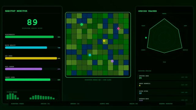 A digital animal welfare innovation interface displays progress as biometric charts and glowing ecosystem sensor grid maps evolve across multiple dark screens in a professional laboratory setting