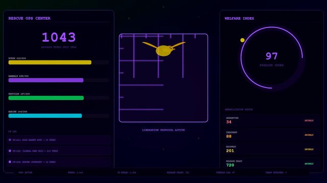 A digital animal welfare innovation interface displays shifting numeric metrics and simple avian vector graphics evolving across three sequential panels of dark violet computer dashboard displays