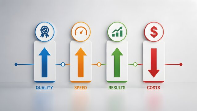 Business Optimization Concept Displaying Increased Quality and Speed Metrics Alongside Cost Reduction Strategy