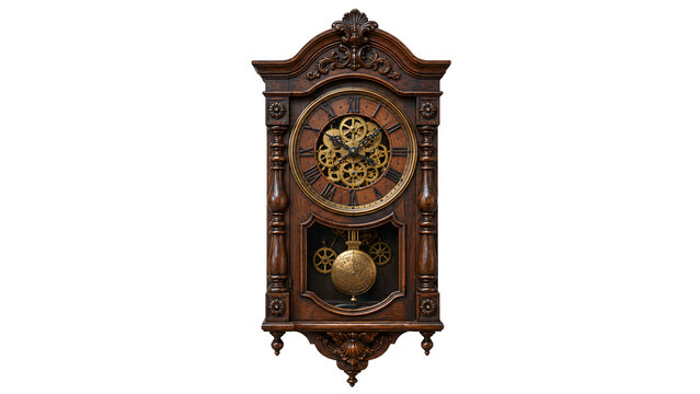 An ornate, antique wooden wall clock with a visible pendulum and intricate carvings. The clock face displays roman numerals and exposed gears, showcasing its mechanical complexity and vintage appeal