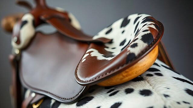 appaloosa. Close-up of a handcrafted leather saddle made from distinctive spotted horse hide. wildlife magazines, conservation campaigns, designed for wildlife conservation campaigns.