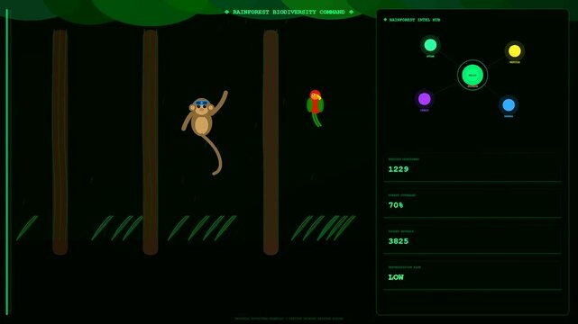 Animal welfare innovation appears in this digital monitor display featuring a animated monkey swinging among tropical trees with changing forestry data metrics and biological observation stats