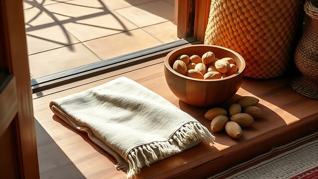 shea. Mud cloth fabric with shea nuts and woven basket, West African craft and natural decor. event programs, museum guides, designed for cultural heritage projects and event programs.