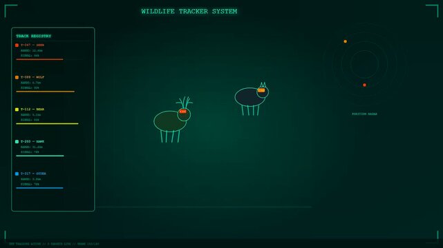 Animal welfare innovation appears on a dark green digital radar screen showing movement of deer and wolf icons within a wildlife tracking monitoring system grid