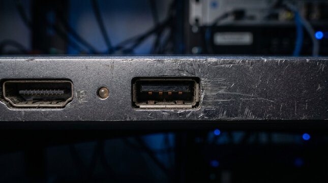 Close-up of HDMI and USB ports on a scratched metal device with blurred background electronics