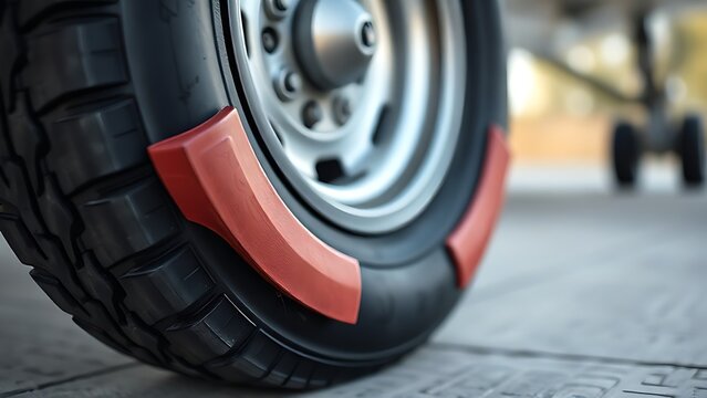chock. Red rubber wheel chock wedged in front of airplane tire, macro detail. mobility guides, transit brochures, designed for transport & logistics marketing, used by health educators.
