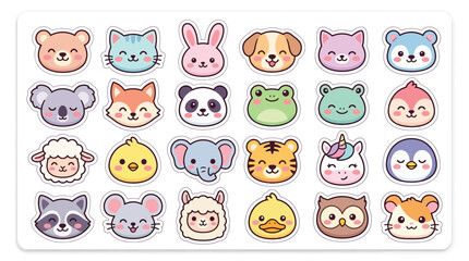 Set of cute cartoon animal faces stickers with various adorable characters for children design. © Bachri
