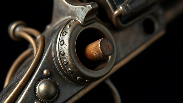 flintlock. Close-up detail of ornate flintlock pistol focusing on flint against frizzen. product launch decks, UI/UX mockups, designed for data visualization dashboards and holographic UIs.