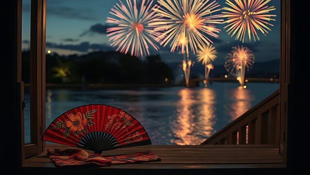 yukata. Folded fan and yukata sleeve on doorstep with fireworks over Sumida River, Tokyo summer celebration. event programs, museum guides, designed for cultural heritage projects and event programs.