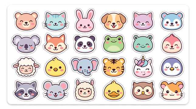 Set of cute cartoon animal faces stickers with various adorable characters for children design.