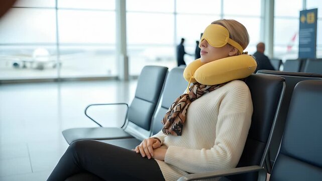 Young woman wearing a yellow neck pillow and matching eye mask while resting comfortably on a chair inside a modern airport terminal waiting area before her upcoming flight