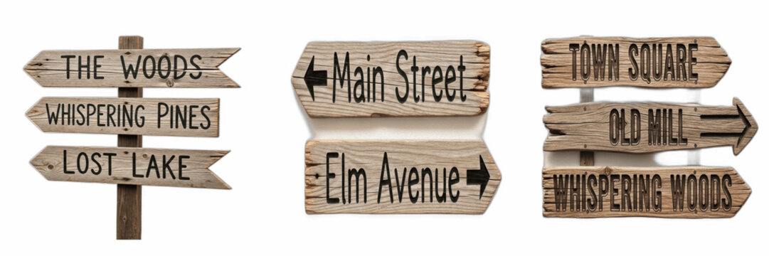 Set wooden directional signpost collection image_82bc31, rustic travel guide arrows isolated on white background, vintage plank path markers with text, countryside navigation board for travel design e