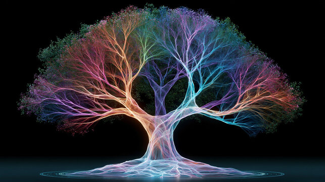 Colorful tree with bright lines and patterns glowing against a dark background