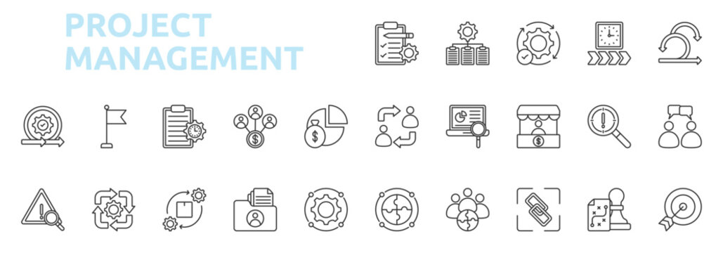 Project management icon set outline style with execution, timeline, scrum, agile, milestone, planning, stakeholder, budget, risk icons