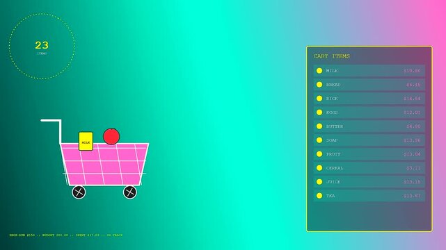 Household finance tracking appears within this digital user interface as shopping cart icons and itemized purchase lists animate across a gradient screen during a transaction simulation