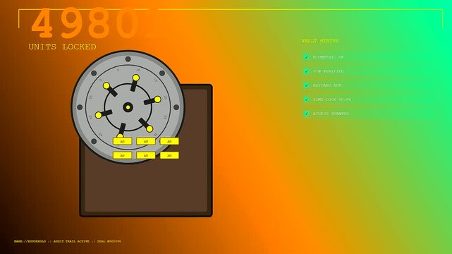 Household finance tracking digital interface featuring a metallic safe turning into a locked status display with yellow notification tabs and vibrant colorful gradient lighting effects