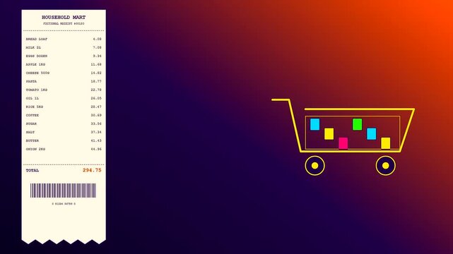 Household finance tracking visualization featuring animated shopping carts and digital receipt scrolls with ascending numbers against a gradient purple and orange professional studio lighting backdrop
