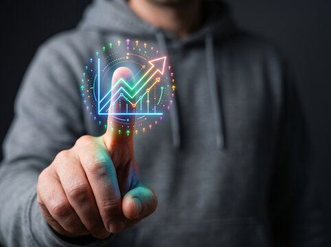 Start up bootstrap business growth chart concept, hand touch neon analytics icon