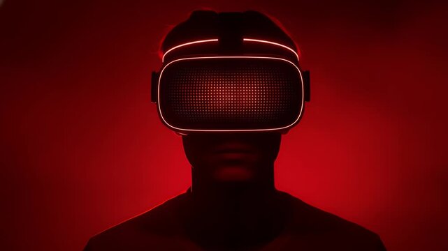 Futuristic silhouette wearing advanced virtual reality headset with glowing red lights, exploring immersive digital worlds and simulated experiences in a vibrant crimson environment.