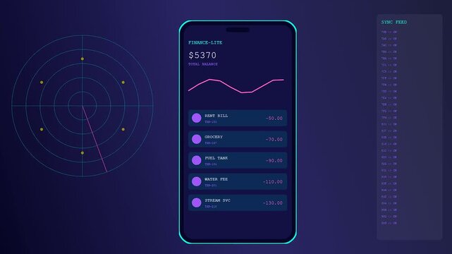 A digital household finance tracking application displays changing budget statistics on a mobile screen while circular radar scanning patterns monitor data pulses across the dark interface