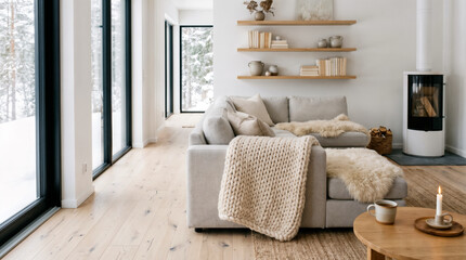 Obraz premium Scandinavian style living room interior featuring light grey fabric sectional sofa with knit blankets and bright natural daylight from large windows. AI