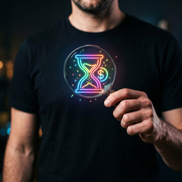 Start up bootstrap business neon hourglass dollar sign on black shirt held by man